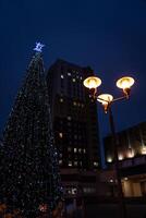 New Year's tree on the background of a multi-storey building and a street lamp photo