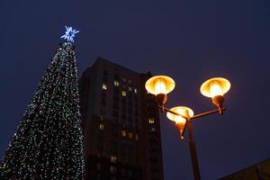 New Year's tree on the background of a multi-storey building and a street lamp photo