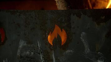 Through a hole in the shape of a fire in an old, rusty brazier, one can see how the flames are burning. Slow motion. Close-up video