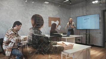 students study at an educational institution and the teacher conducts an exciting lecture for them and actively gestures explaining a difficult topic video