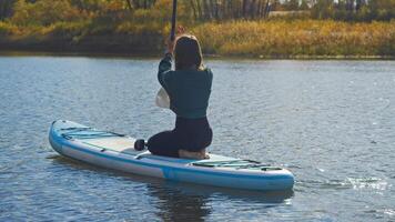 Young woman is seen kneeling on stand-up paddleboard, floating down river in scenic autumnal setting, using an oar to propel herself forward. video