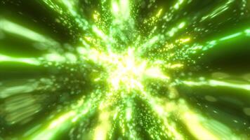 Bright green explosion of light particles radiating outward in a dynamic burst, creating a futuristic and energetic effect in a cosmic setting video