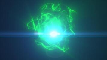Vivid green particles floating in a dark purple sphere forming a glowing organic shape with bright center light background video