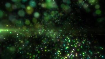 Green bokeh lights on a dark background, emitting a mysterious and atmospheric glow, ideal for a futuristic theme video