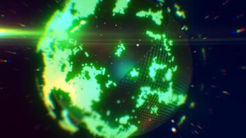 A neon green digital depiction of Earth with pixelated textures, highlighting technological innovation and a futuristic global theme background video