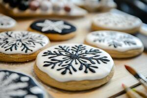 Snowflake gingerbread in white icing with a black and white pattern. photo