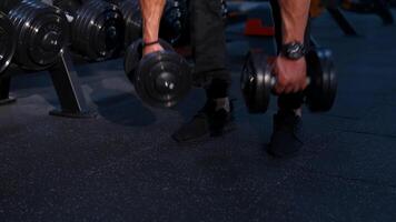 Handsome man lifting dumbbell at gym. Strong muscular caucasian man putting up dumbbells video