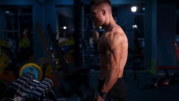 Muscular Bodybuilder Man Holding Dumbbells. Fit young man holding dumbbells while working out at gym video