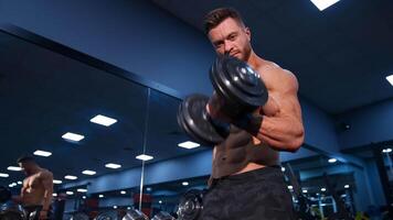 Man Doing Exercises With Dumbbells. Strong handsome sporty man making weight lifting and exercising the biceps video