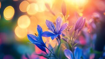Aquilegia columbine flower blue petal with blurred vibrant background photo