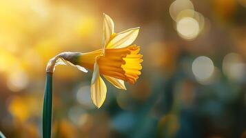 Daffodil yellow flower with vibrant sun light blurred background photo