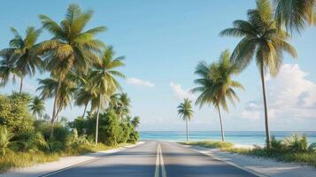 Perspective asphalt road on beach with coconut tree and blue sky photo