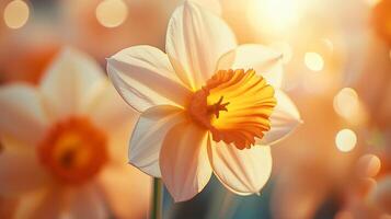 Daffodil yellow flower with vibrant sun light blurred background photo