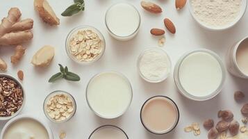 Various vegan lactose free milk healthy drink for breakfast photo