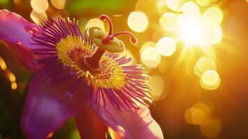 Passion closeup macro flower with vibrant sun light nature background photo