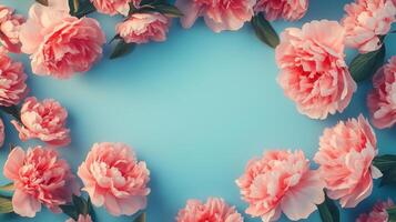 Peony flower and leaves rounded frame blank center space nature background photo