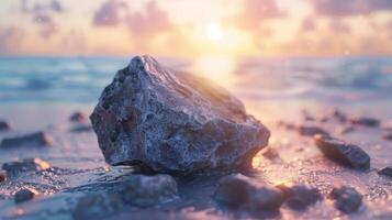 Stone grey chunk igneous rock on beach sand with sunset sky photo