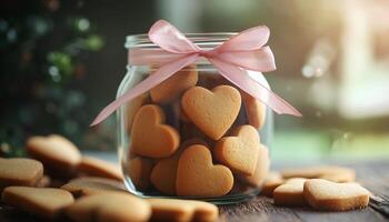 corazón conformado galletas en vaso tarro para familia té hora bocadillo foto