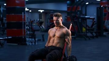 Athletic man with dumbbells. Handsome muscular man working out with dumbbells video