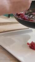 Chef Plates A Base Of Onion Food Caramelized With Sugar In A Rectangular Dish video