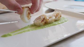 Plating a Second Course of Fish on a Green Zucchini Cream Base video