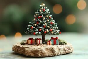 Miniature christmas tree displaying festive ornaments and gifts photo