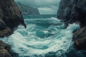 Ocean waves crashing on rocky coast under stormy sky photo