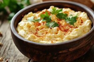 Creamy polenta or mashed potatoes sprinkled with paprika and parsley in rustic wooden bowl photo
