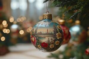 Christmas ornament hanging on tree with winter landscape painting photo
