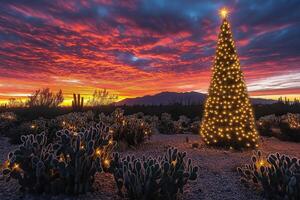 Christmas tree illuminating desert landscape at sunset photo