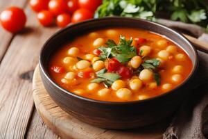 Bean soup with tomatoes and parsley resting on wooden cutting board photo