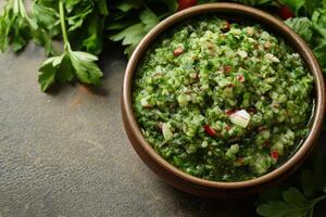 Delicious chimichurri sauce with fresh herbs and vegetables in a bowl photo
