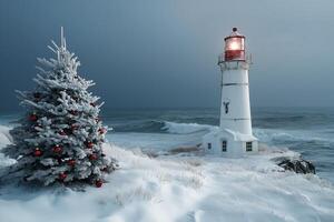 Christmas tree and lighthouse shining during a winter storm photo