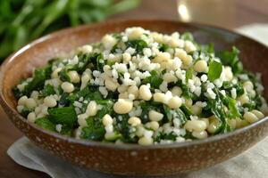 Spinach, beans, and crumbled cheese creating a healthy and delicious meal photo