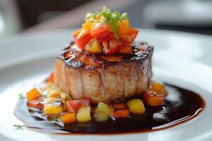 Grilled pork tenderloin with fruit salsa and balsamic glaze on white plate photo