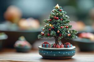 Miniature christmas bonsai tree decorated with colorful ornaments and gifts photo