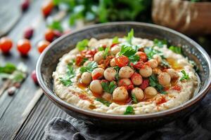 Delicious hummus topped with beans, tomatoes, parsley, and spices being served in a bowl photo