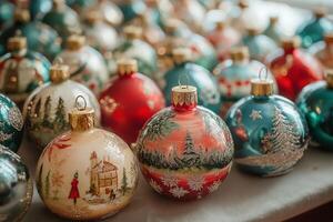 Colorful christmas ornaments displaying festive winter scenes photo