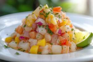 Delicious ceviche with shrimp, mango, and lime on white plate photo