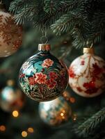 Elegant christmas ornaments hanging on a christmas tree photo