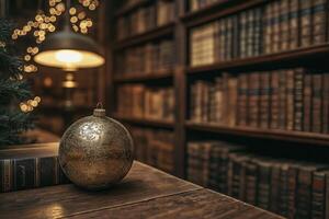 Golden christmas ball ornament resting on table in a cozy library photo