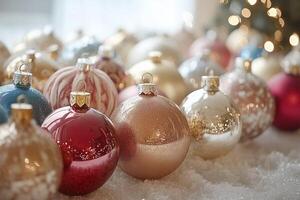 Colorful christmas ornaments resting on snow with blurred lights photo