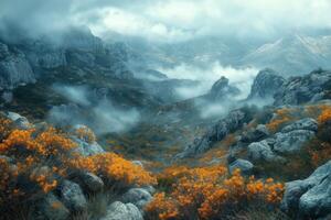 Fog rolling over mountains and yellow flowers blooming photo