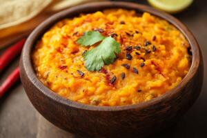 Wooden bowl presenting indian dal tadka with spices and herbs photo