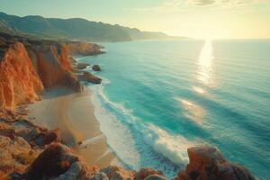 Turquoise waves crashing on secluded beach at sunset photo