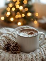Steaming hot chocolate creating cozy atmosphere by christmas tree photo