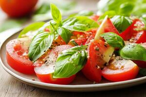 Sliced tomatoes with fresh basil and pepper a vibrant salad close-up photo