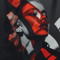 Model posing with red and white light beams, fashion portrait photo