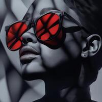 Fashion model wearing red sunglasses with geometric shadows photo