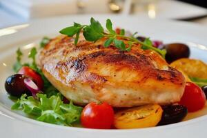Grilled chicken breast served on white plate with salad and tomatoes photo